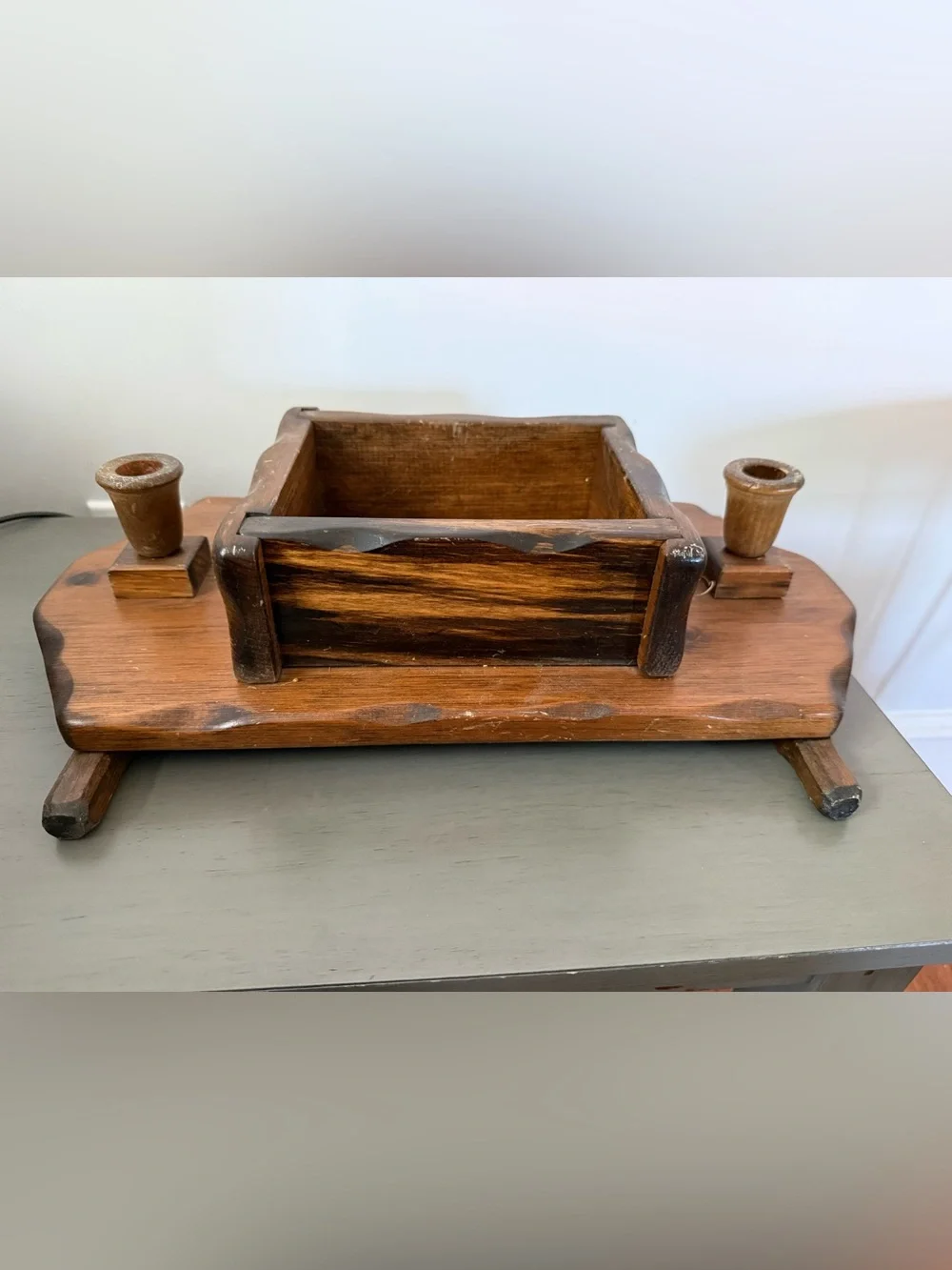 Vintage Wooden Table Caddy Candle Holder Organizer Rustic Center Piece MCM